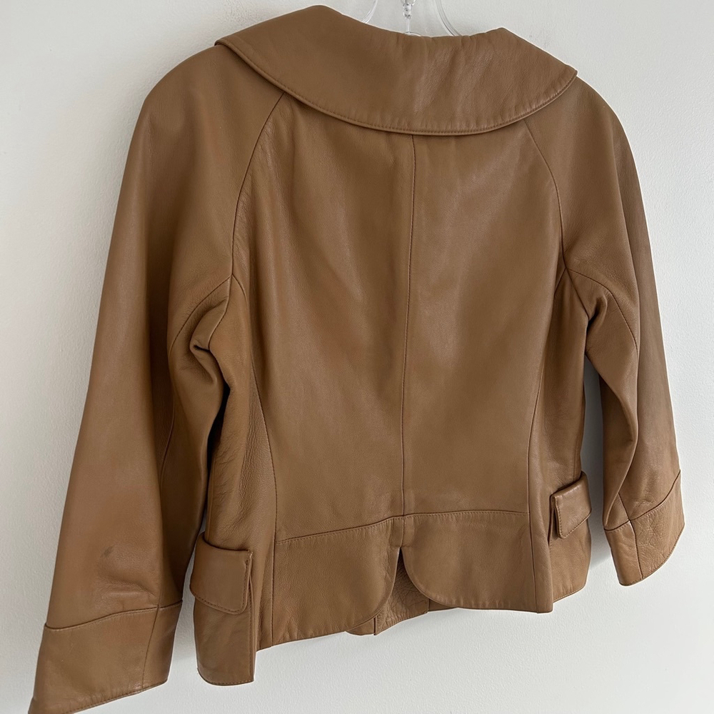 VINTAGE 100% Leather Nine West Cropped Peter Pan Collar Beige Jacket Size XS - Picture 11 of 15